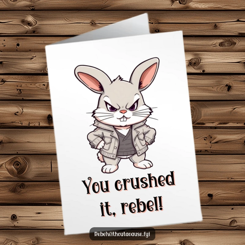 Funny Free Printable Congratulations Card: Scowling bunny in ripped jacket, celebrating with attitude and humor.