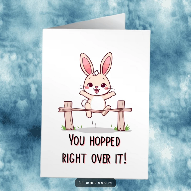 Free Printable Congratulations Card: Cheerful rabbit with determined expression, jumping over a broken fence, symbolizing achievement.