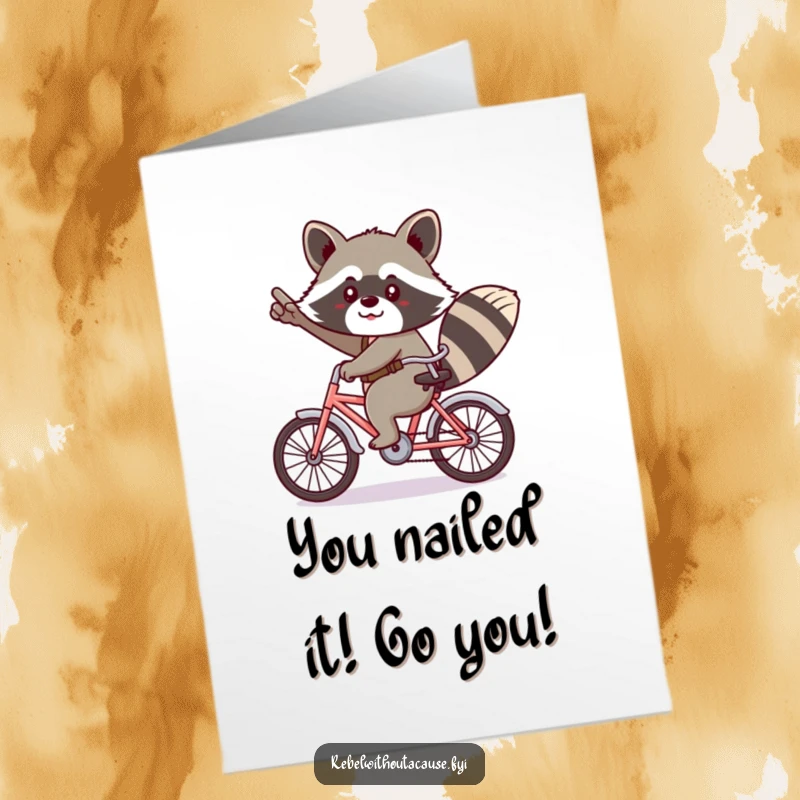 Funny Free Printable Congrats Card: Kawaii raccoon gives a cheeky salute while cycling backward, celebrating achievements.