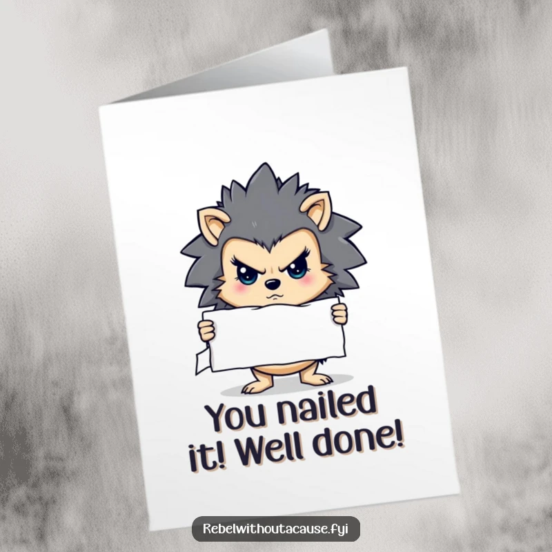 Funny Free Printable Congrats Card: Determined hedgehog holding a significant ripped sign, sternly acknowledging your achievement.