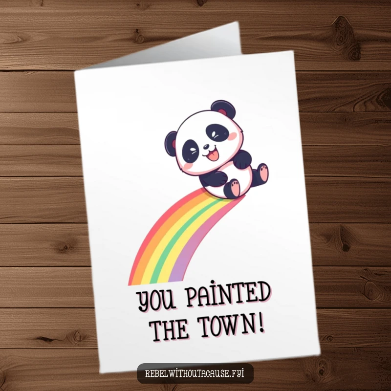 Funny Free Printable Congratulations Card: Playful panda with mischievous grin slides down a rainbow, celebrating great news.