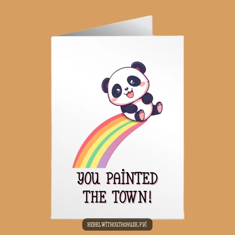Free Printable Congratulations Card: Panda Rainbow Slide, Mischievous Grin for a Funny Downloadable Gift