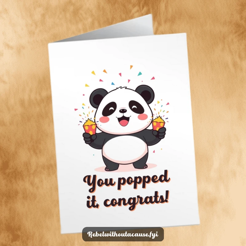 Funny Free Printable congratulations card featuring a mischievous panda skillfully juggling three exploding confetti poppers, celebrating triumph.