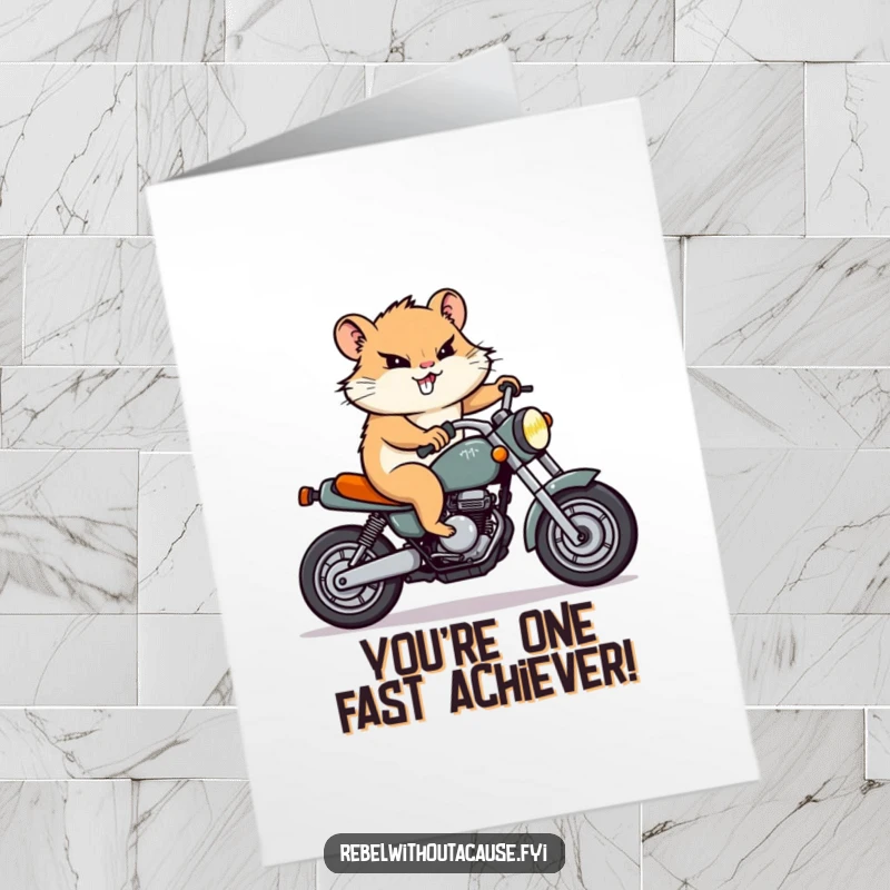 Funny Free Printable Congrats Card: A determined hamster character confidently riding a small motorcycle, celebrating a big win.