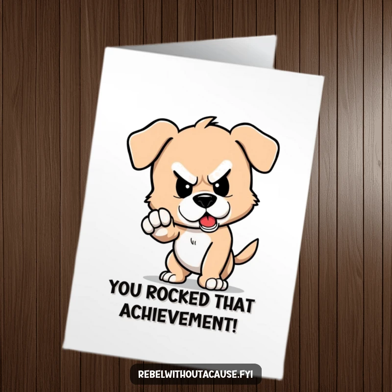 Funny free printable congratulations card: A defiant puppy character stomps its foot, causing a ground tremor.