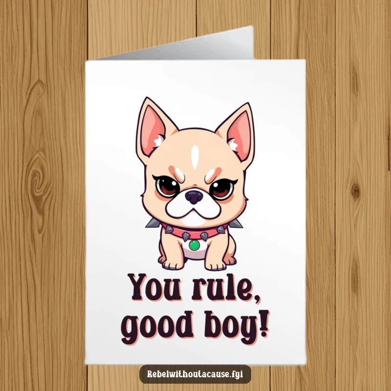 Funny Free Printable Congratulations Card: Rebellious dog with spiked collar, determined look, celebrating success fiercely.