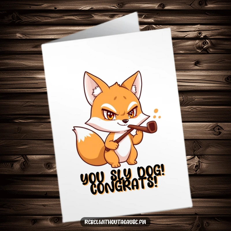 Free printable congratulations card with a mischievous fox character grinning and holding a slightly bent pipe, celebrating success.