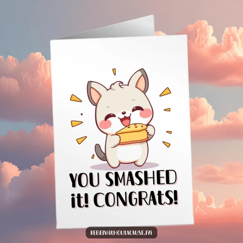 Funny Free Printable Congratulations Card: Happy animal smashing a pie against a wall, celebrating a win.