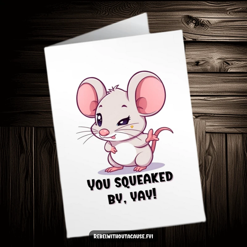 Funny Free Printable Congrats Card: Kawaii mouse with determined glint pointing forward, ideal for a downloadable congratulatory message.