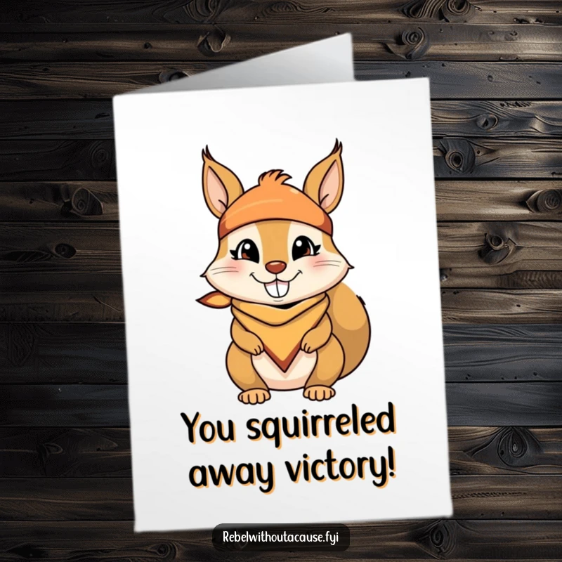 Funny Free Printable Congratulations Card: Mischievous squirrel with bandana and cheeky grin, celebrating with playful glee.