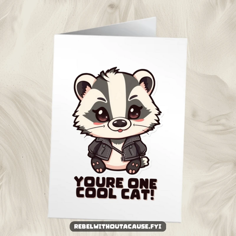 Free Printable Congratulations Card: Smirking badger in a leather jacket, slicked hair, offering congrats with a knowing smirk.