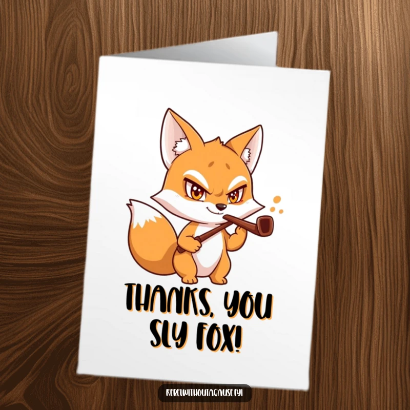 Funny free printable thank you card showcasing a mischievous fox with a daring grin and a bent pipe, expressing thanks.