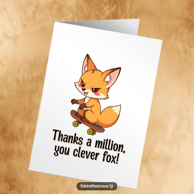 Funny Free Printable Thank You Card: Cheeky fox with a huge grin, showing thanks on a skateboard.