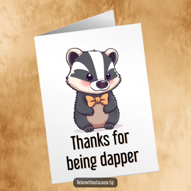 Funny Free Printable Thank You Card of a bold badger with a crooked bowtie, looking aloof while humorously conveying thanks.