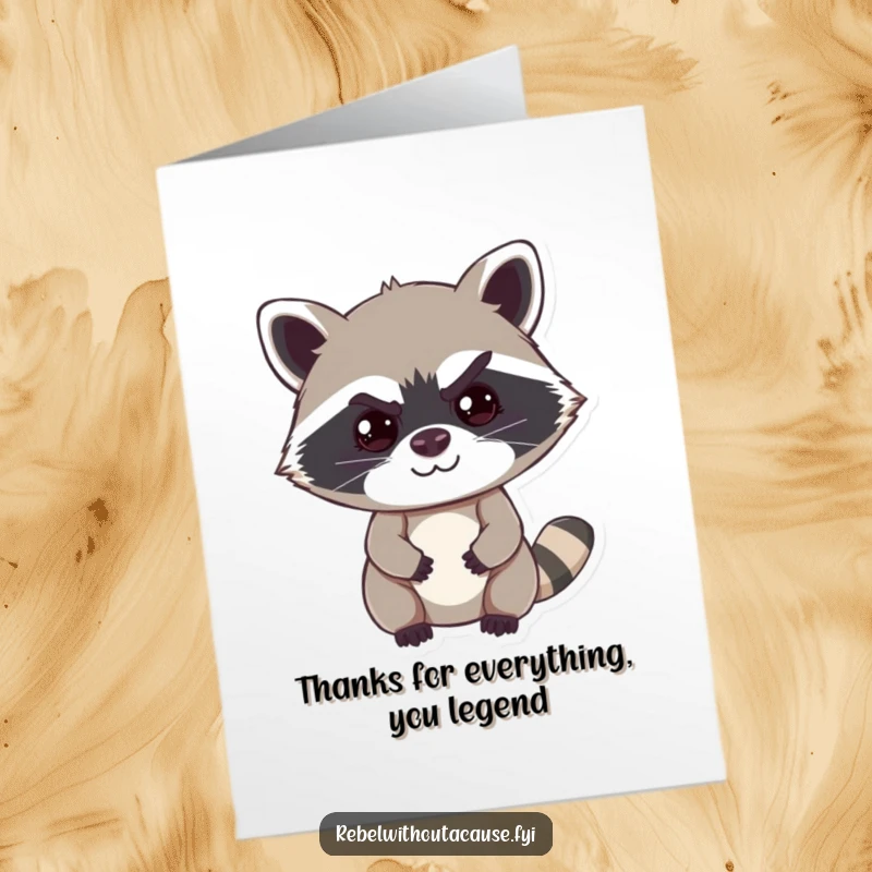 Funny Free Printable Thank You Card: Cheeky raccoon with a mischievous smirk, raising one eyebrow in thanks.