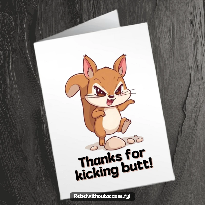 Funny Free Printable Thank You Card: Defiant squirrel kicks a pebble, expressing gratitude with a determined and humorous spirit.