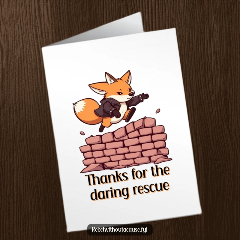 Funny free printable thank you card: A fearless fox wearing a leather jacket leaps over a brick wall.