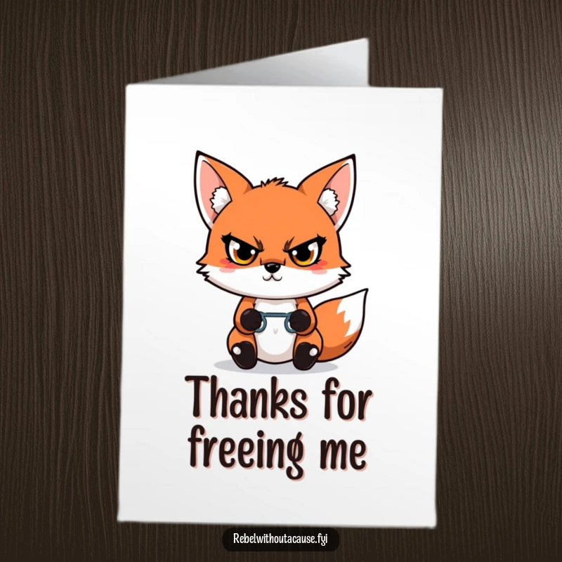 Funny Free Printable Thank You Card featuring a defiant fox holding a broken chain link, symbolizing gratitude for freedom.