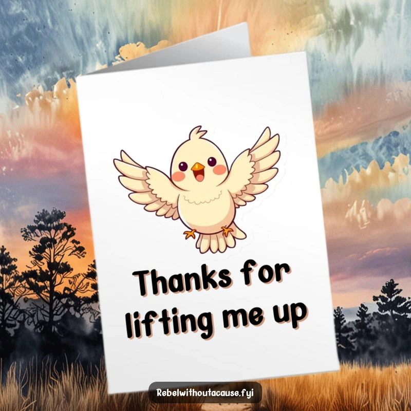 Funny Free Printable Thank You Card: Happy bird flies with wings spread wide, defying gravity, expressing thanks.