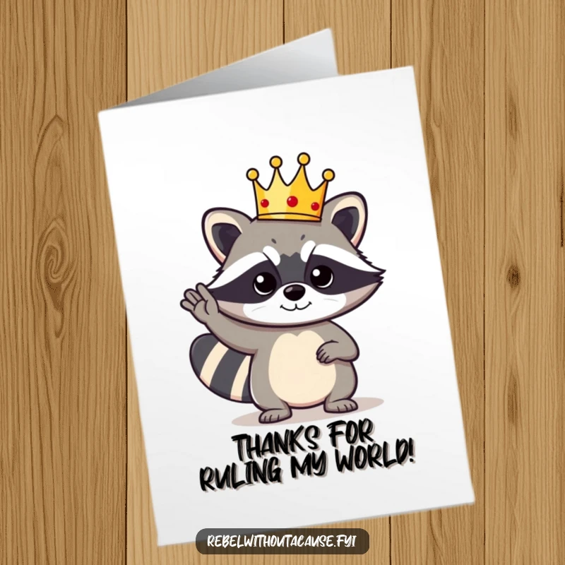 Funny Free Printable Thank You Card: Raccoon character wearing a tiny crown, giving a cool salute to express gratitude.
