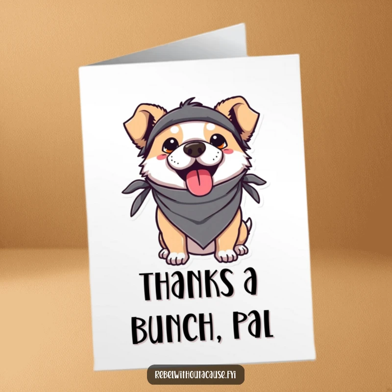 Funny Free Printable Thank You Card featuring a kawaii dog with a bandana, cheekily sticking its tongue out.
