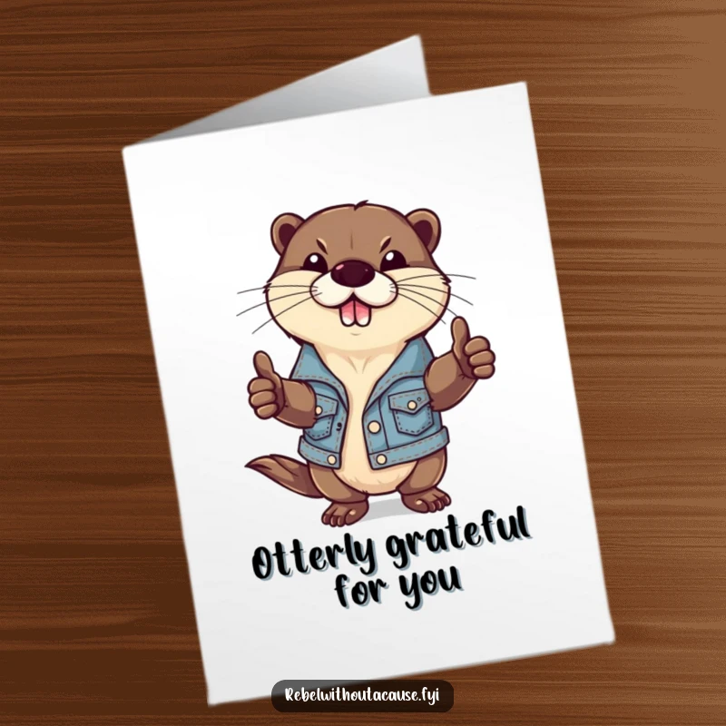 Funny Free Printable Thank You Card: A defiant otter in a ripped denim jacket giving a thumbs-down.