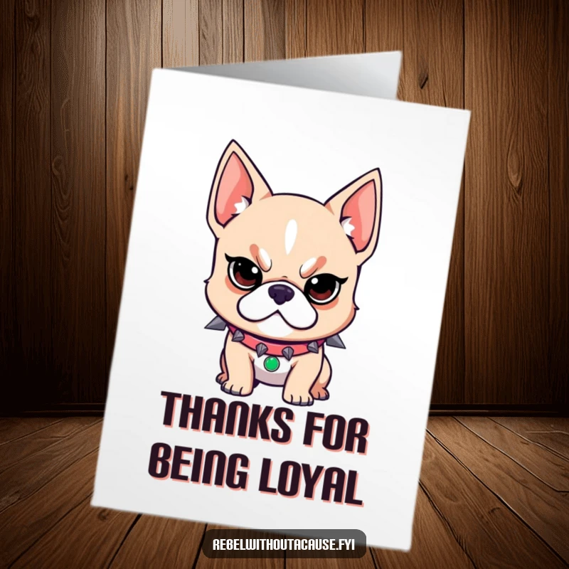 Funny Free Printable Thank You Card: Rebellious dog with spiked collar, determined look, giving thanks with attitude.