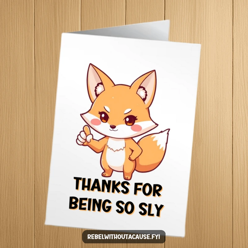 Funny Free Printable Thank You Card: Playful fox with a defiant stance, pointing paw outward, conveying thanks with attitude.
