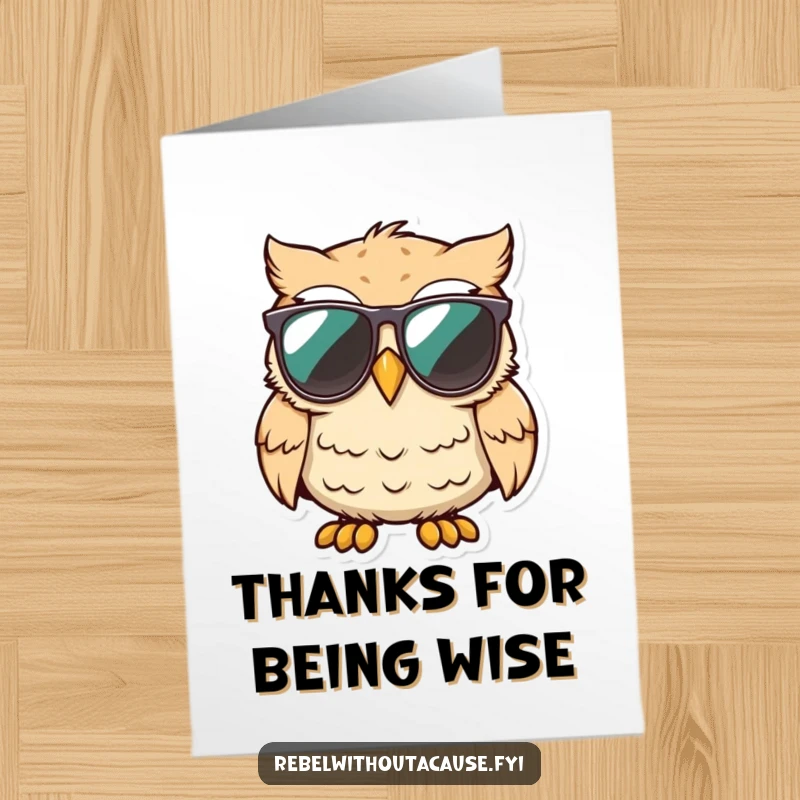 Funny Free Printable Owl Thank You Card: Owl in sunglasses smirks, offering a cool thank you.