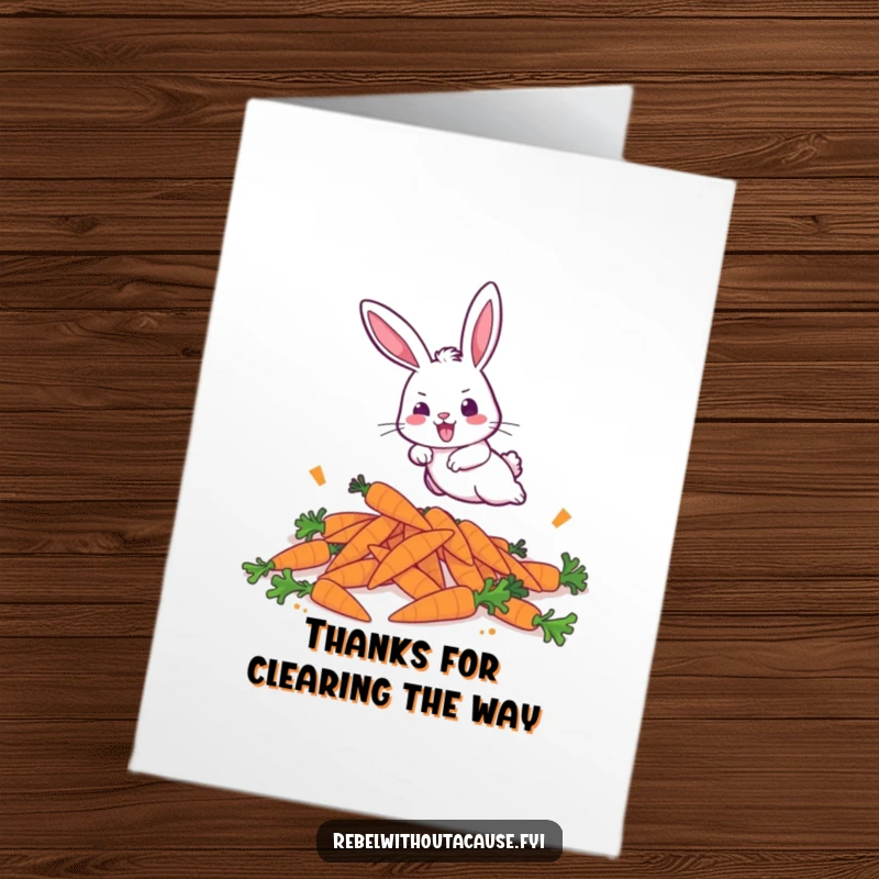 Funny Free Printable Thank You Card: A bold bunny energetically hops over discarded carrots, offering thanks.