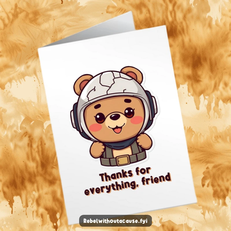 Funny Free Printable Thank You Card: Cheerful bear in a cracked helmet, offering thanks with a brave smile.