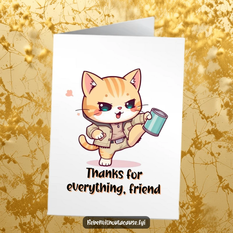 Funny Free Printable Thank You Card with a kawaii cat in a ripped jacket, kicking a tin can with thanks.