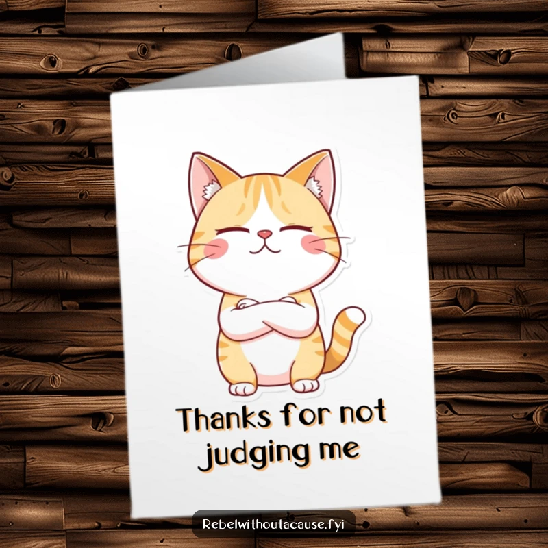 Funny Free Printable Thank You Card: Giggling cat crossing arms, offering thanks with zero excitement.