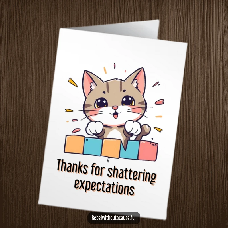 Funny free printable thank you card: A bold cat character smashes through a brightly colored striped barrier.