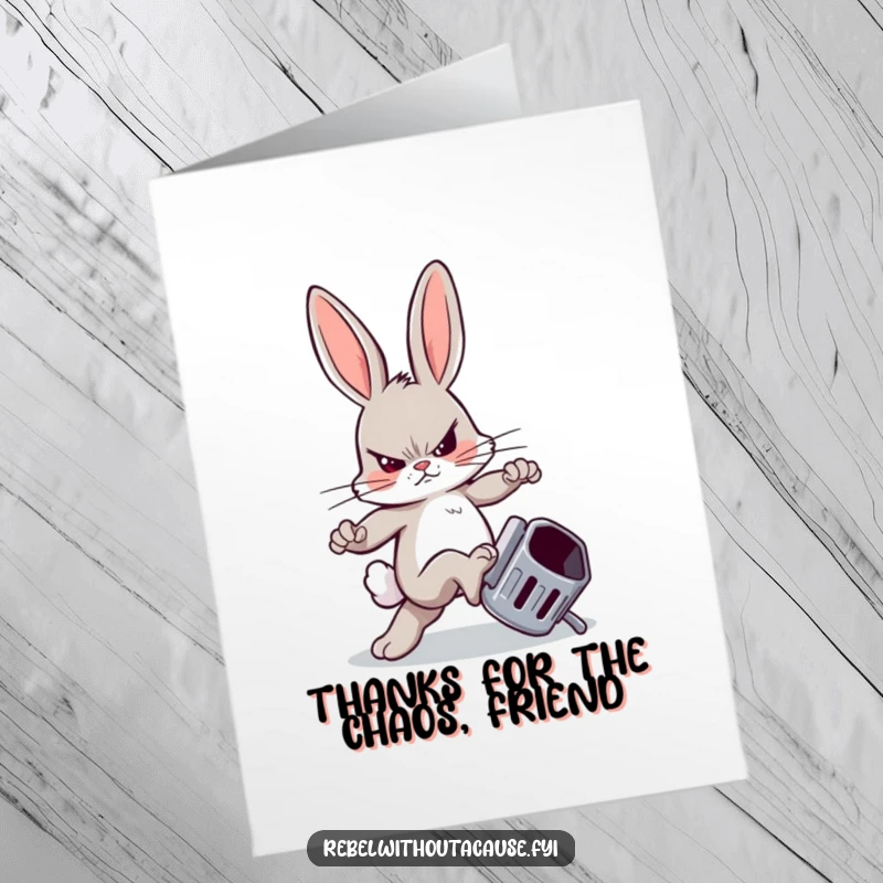 Funny Free Printable Thank You Card: Rebellious bunny with a sneer kicking an overturned trash can. A memorable DIY gift.