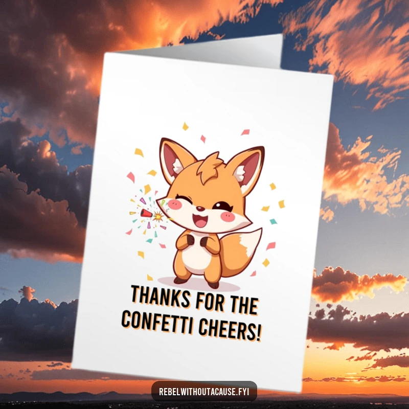 Funny Free Printable Thank You Card: Winking fox character throws a confetti bomb with a joyful smirk, saying thanks.