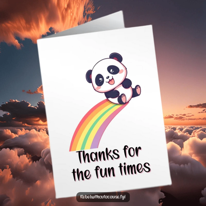 Funny Free Printable Thank You Card: Playful panda with mischievous grin slides down a rainbow, expressing thanks.