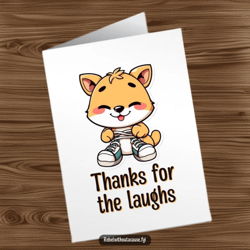 Funny Free Printable Thank You Card: Playful animal tying shoelaces together, with a mischievous grin, saying thanks.