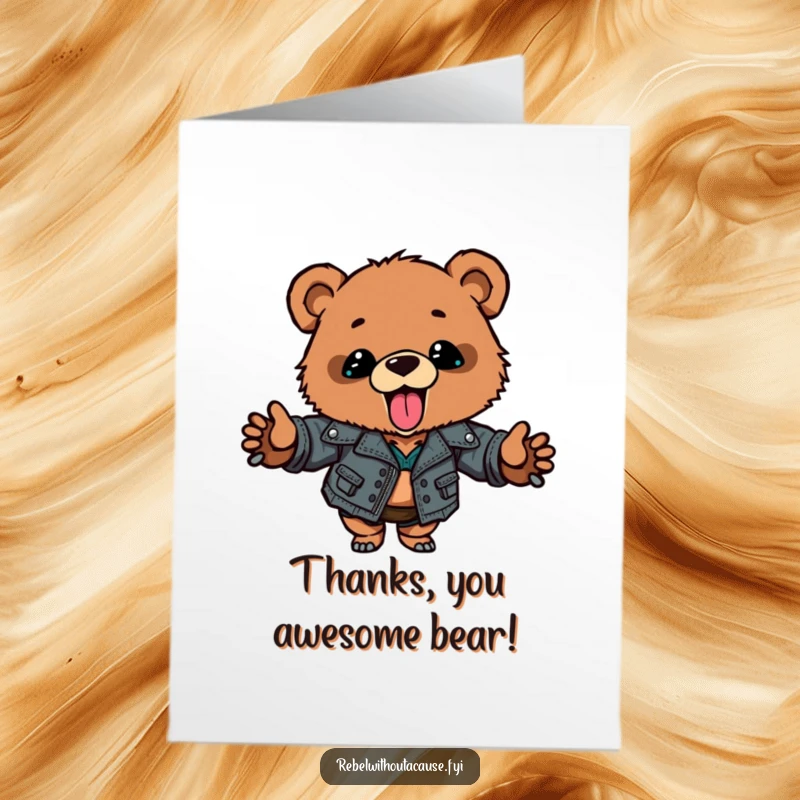 Funny Free Printable Thank You Card: Bear cub in leather jacket giving a grateful, playful roar.