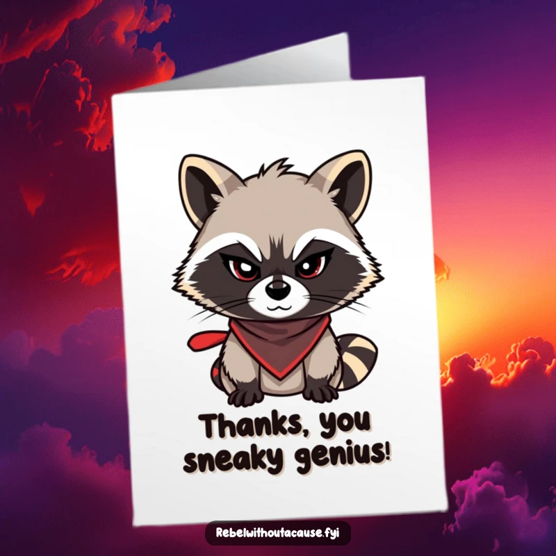 Funny Free Printable Thank You Card: Mischievous raccoon in bandana gives a sly wink, expressing thanks.