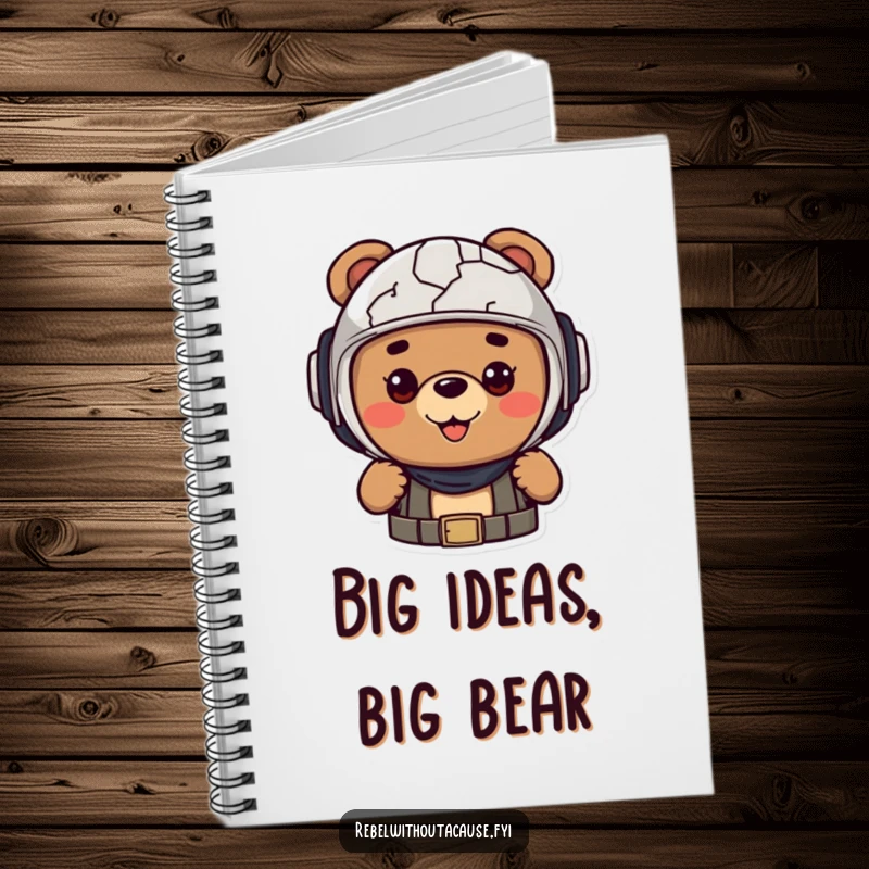 Funny notebook with a cheerful bear character wearing a cracked helmet, perfect for jotting down adventurous thoughts.