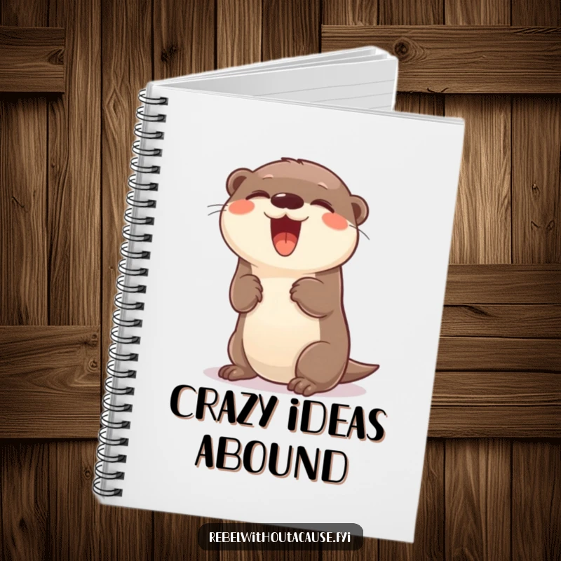 Funny giggling otter with a carefree attitude doing a playful flip on a notebook.