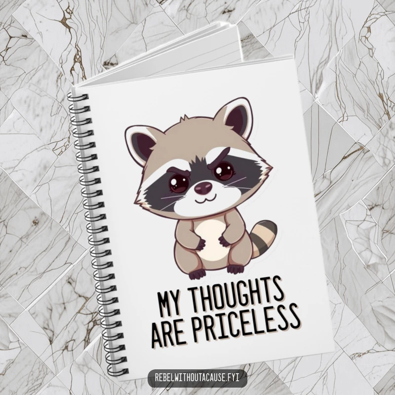 Funny raccoon notebook with a lined journal inside, featuring a cheeky raccoon with a mischievous smirk and a raised eyebrow.