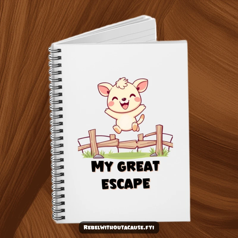 Funny notebook with a cheerful animal character joyfully jumping over a broken fence, encouraging happy thoughts and creativity.