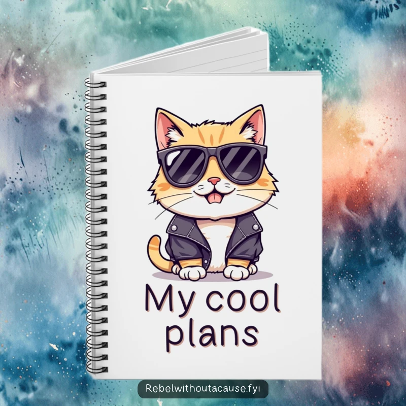 Funny notebook cover with a cool cat in sunglasses and leather jacket, featuring a mischievous grin, for jotting bright ideas.