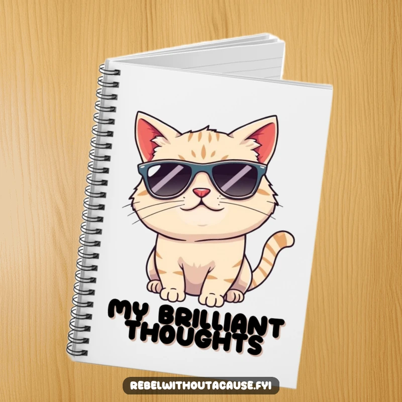Funny cool cat sunglasses notebook featuring a smirking cat tipping its head, perfect for jotting down thoughts with style and humor.