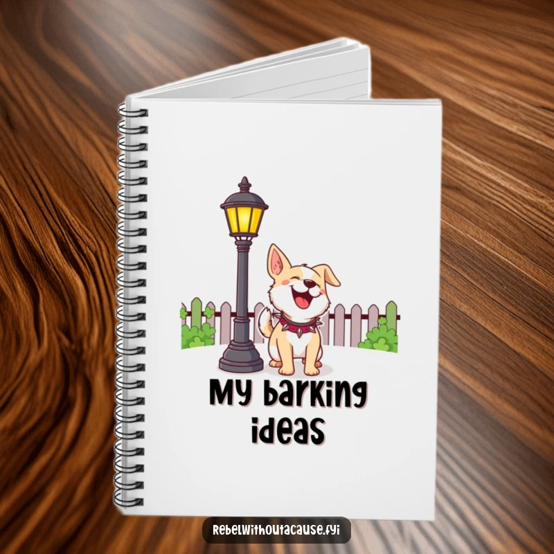 Funny Dog Notebook featuring a cheerful dog with a spiked collar playfully barking at a lamppost, ideal for notes.