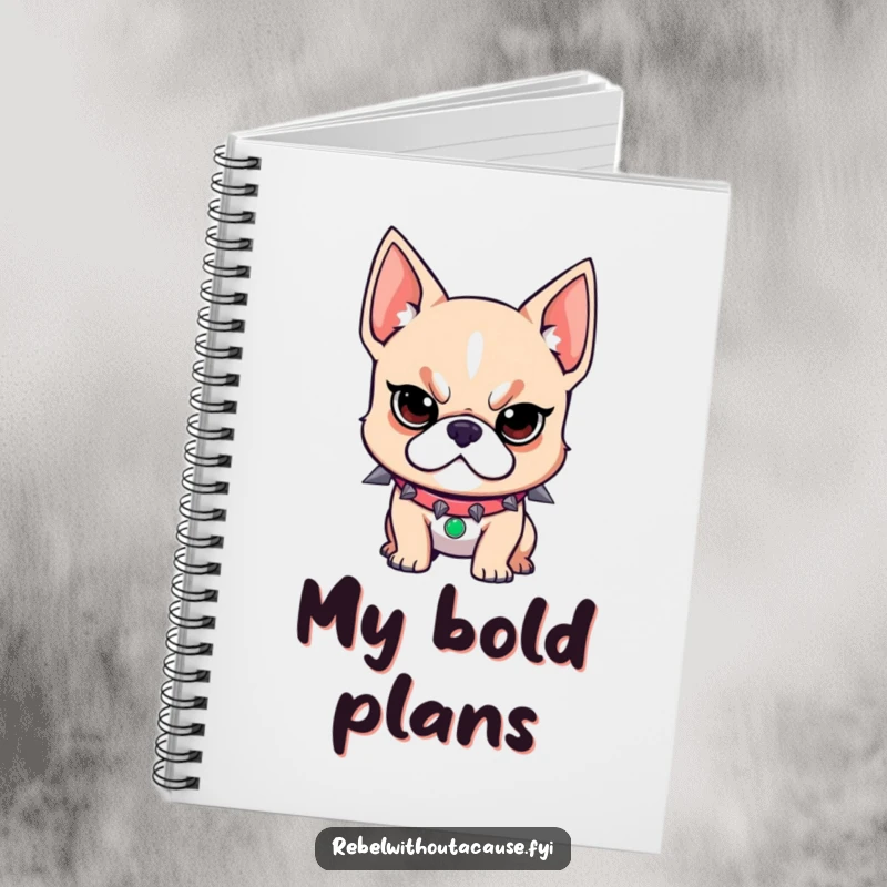 Funny notebook with a rebellious dog wearing a spiked collar and a determined look on the cover, ready for notes and plans.