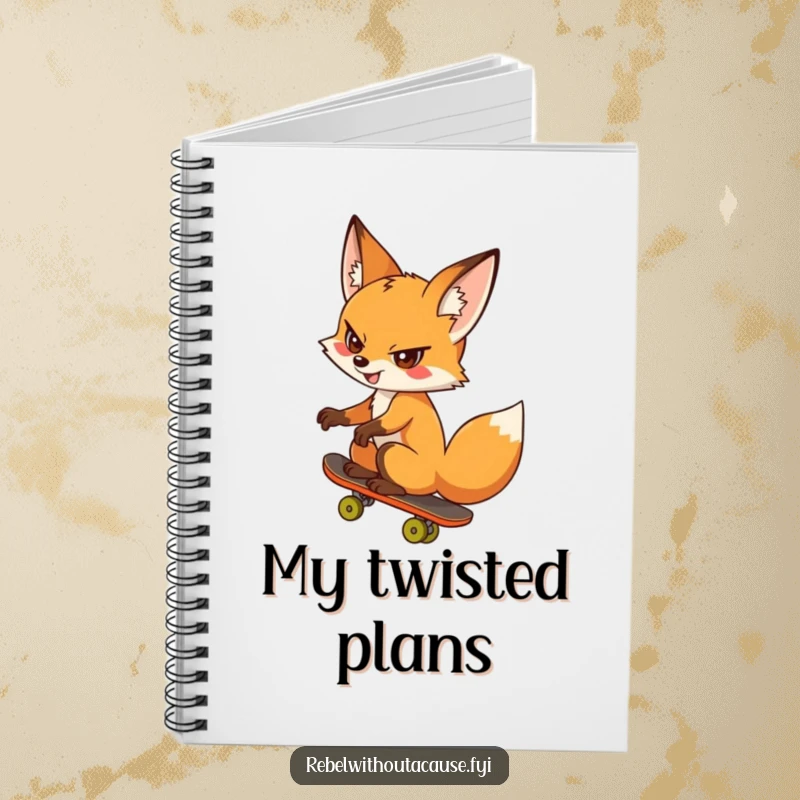 Funny fox notebook featuring a cheeky fox skateboarding backwards, perfect for note-taking with a defiant and fun attitude, funny gift.