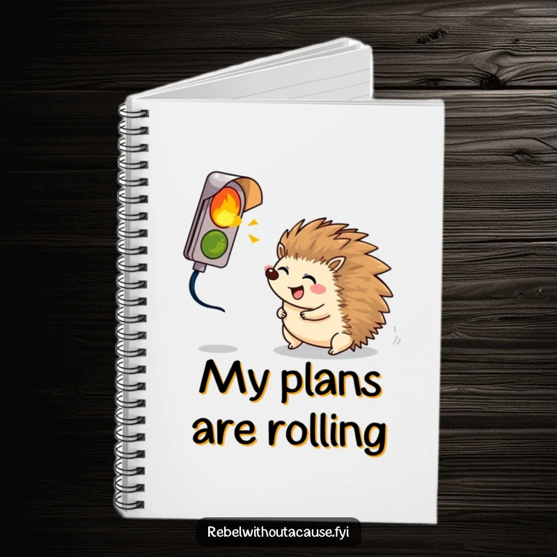Funny giggling hedgehog rolling towards a broken signal light, on the cover of a humorous notebook.